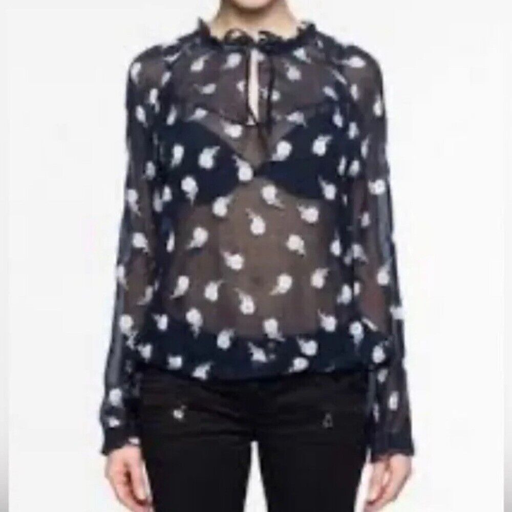 Rag & Bone‎ Sheer Floral Silk Ruffle Neck Tie Closure Blouse sz XS
